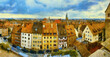 Panoramic view of the picturesque medieval part of Nuremberg, Bavaria, Germany. Impressionist oil painting.