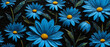 Closeup painting of a nightly field full of blue flowers, gerbera