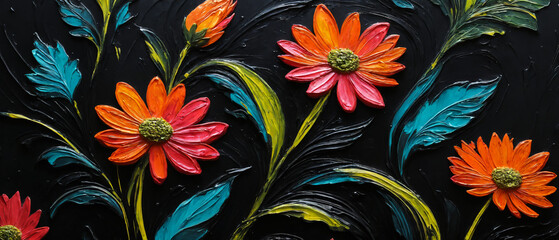 Sticker - Closeup painting of a nightly field full of orange and red flowers, gerbera