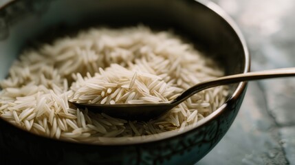 Poster - Close up of a bowl and spoon with uncooked basmati rice