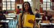 A smiling young black woman holding yellow files stands in the middle of a university classroom. Created with Ai technology.