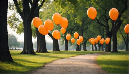Wall Mural - orange balloons on park with giant gold buddha statue from Generative AI