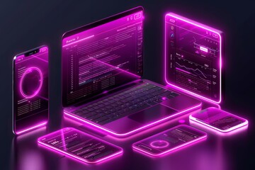 An 3D rendering of multiple digital devices with glowing screens and code