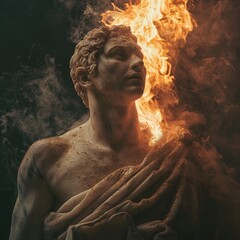 Wall Mural - ancient greek marble statue of young man, 25 years old, wearing toga, standing proud, huge fire bursting out from within his heart, fire originating from his heart, violent fire