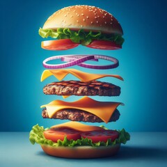 Wall Mural - Creation of a hamburger, with stacked ingredients in diagrammatic form, against a blue background
