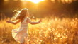 Young girl in dance of joy at sunset, ideal for concepts of innocence and natural beauty.