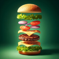 Wall Mural - Creation of a hamburger, with stacked ingredients in diagrammatic form, against green background
