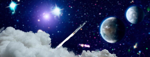 Wall Mural - dark space shuttle launch in the clouds with stars on background.spaceship flight. elements of this 