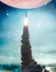 Wall Mural - rockets launch into space on the starry sky. spacecraft flies into space with clouds of smoke. eleme