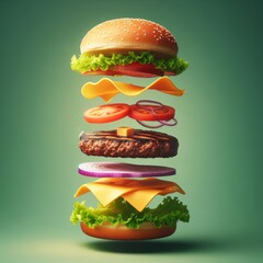 Wall Mural - Creation of a hamburger, with stacked ingredients in diagrammatic form, against green background
