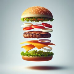 Wall Mural - Creation of a hamburger, with stacked ingredients in diagrammatic form, against a white background
