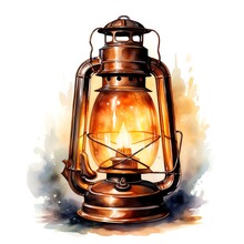 A Watercolor Painting Of A Vintage Lantern With A Glowing Flame.