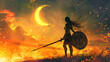 Feminine silhouette of a knight girl with a shield 
