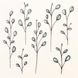 a set of illustrated single, single-colored twigs with rounded leaves and balls in a lineart style, drawn with a fineliner сreated with Generative Ai