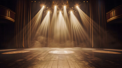 Canvas Print - Theater stage light background with spotlight illuminated the stage for opera performance. Empty stage with classic and timeless backdrop decoration. Stage curtain. Entertainment show.