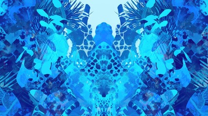 An enchanting blend of neon blue patterns resembling crocodile and snake textures intertwining with safari and tribal motifs creating a mesmerizing jungle inspired design The uniqu