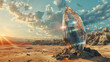 Abstract fantasy alien glass spaceship on barren desert