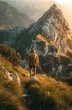 Man Hiking up Mountain Trail at Sunset
