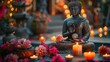 banner background Theravada New Year Day theme, and wide copy space, A Buddha statue adorned with flowers and candles, symbolizing enlightenment and peace, for banner,
