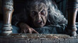 The ghost of an old woman appears from under the bed, creating a scary, frightening scene reminiscent of a horror movie.