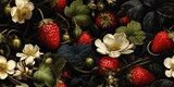 Fototapeta  - Clean seamless repeating pattern of strawberries with floral decoration witj flowers and leaves background scene