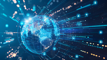a digitized earth orbited by network circuits. with representations of programmers working around it