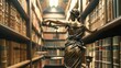 Statue of Justice Among Library Shelves of Law Books.