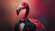 A flamingo donned in a stylish tuxedo. radiating elegance with its bright pink hue and distinctive stature