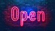 A blue-red neon sign that says OPEN in white letters on the brick wall. Created with Ai technology.