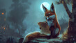 A fox donning a sophisticated monocle and clutching an ancient scroll. with its ears perked up