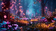 © john - Neon fairy tale forest with luminous flowers, mystery path in dark magical woods, glowing plants and lights in wonderland. Concept of fantasy night, beauty, nature, landscape, art