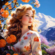 A beautiful golden haired girl in a garden with sakura trees in the background are beautiful snowy mountains