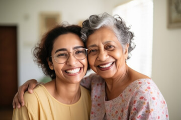 Canvas Print - Happy indian elderly mom and young daughter hugging together