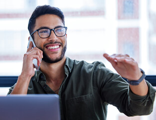 Wall Mural - Happy, businessman and phone call in workplace for talking, planning and networking. Financial advisor, conversation and connect in office for communication, consulting and virtual advice for client