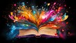 Abstract illustration of beautiful colors exploding out of a book on a black background