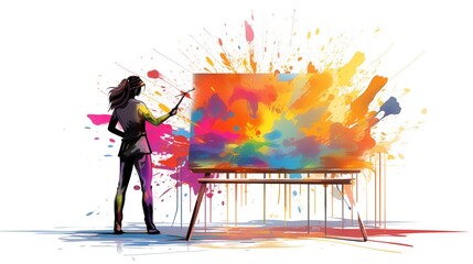 Illustration of a female artist painting a colorful easel on a white background