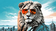 a vector illustration of a grayscale lion wearing aviator sunglasses and visible against the backdrop of big cityscape in duotone