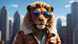 a 3D rendered Lion wearing aviator sunglasses and aviator-styled jacket, standing in the backdrop of big city