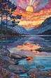 A breathtaking sunset over the mountains, casting warm hues across a tranquil lake with a rocky shore and blooming trees. 