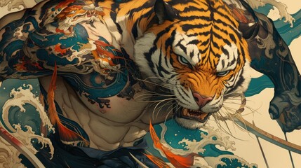 Wall Mural - A striking Bengal tiger tattoo adorns his skin