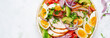 Healthy cobb salad with chicken, avocado, tomato, red onions and eggs. American food. Top view, banner