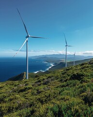 Engineers working on renewable energy projects, using wind and solar power to illustrate innovation in sustainability, stock photo