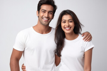 Wall Mural - young indian couple standing on white background