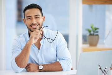 Wall Mural - Portrait, glasses and man with vision in office, IT consultant with pride and ambition in workplace. Happy, professional and drive with mission for computer software engineering and tech support