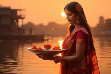 beautiful Indian woman holding puja thali and standing in front of river