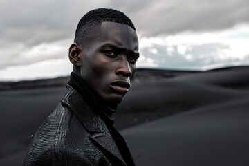 Poster - A black male model in distinctive luxury attire poses against the stark contrast of somber black sand dunes