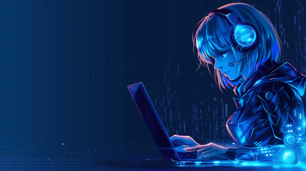 Wall Mural - Anime style cyber girl, using her laptop to hack, technology and cyberpunk concept