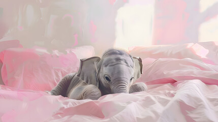 Wall Mural - A very cute little elephant lies on a pink bed. Image of a cute, minimalist watercolor style. Generative ai