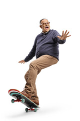 Poster - Happy mature man riding a skateboard and waving