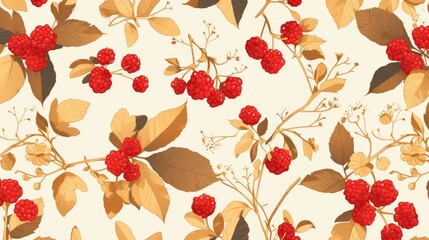 Canvas Print - A smooth and delightful 2d background featuring a charming arrangement of raspberries and leaves in a pattern